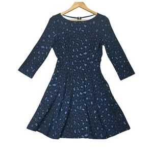 Kate Spade Dress A Line Broome Street Leopard Ponte Blue 3/4 Sleeve Sz 6 Pockets